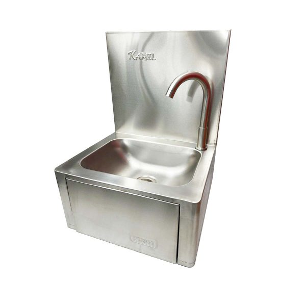 Commercial Stainless Steel Plain Knee Press Hand Wash Sink With Back Upstand & Tap - Image 4