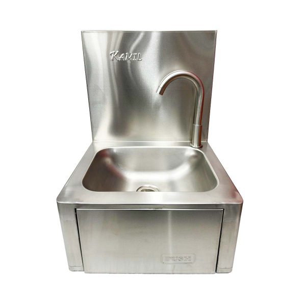 Commercial Stainless Steel Plain Knee Press Hand Wash Sink With Back Upstand & Tap